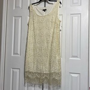 SL Fashions cream & metallic gold lace fringe shift dress size 22